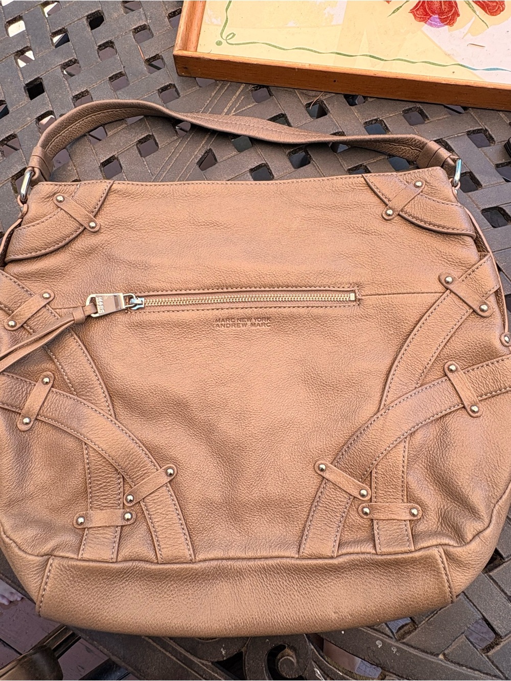 Andrew Marc Tan Pebbled Leather Hobo Shoulder Bag